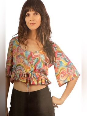 L/XL Sacred Threads Multicolor Abstract Blouse. TURQ 01. 225163